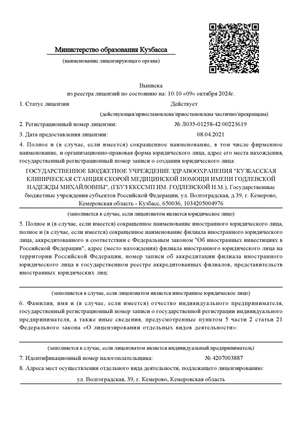 Выписка из реестра лицензий по состоянию на: 10:10 «09» октября 2024г. (Дополнительное образование). Стр. 1